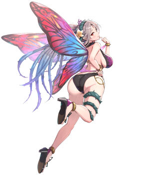 Rule 34 | 1girl, absurdres, adjusting clothes, adjusting swimsuit, alternate costume, ass, bikini, black bikini, blush, bracelet, breasts, butterfly wings, commentary request, facial mark, fairy, fairy wings, fingernails, fire emblem, fire emblem heroes, flower, forehead mark, from behind, gonzarez, grey hair, hair flower, hair ornament, high heel sandals, high heels, highres, huge ass, insect wings, jewelry, large breasts, leg up, lips, long hair, looking back, nintendo, official alternate costume, parted bangs, plant, plumeria (fire emblem), plumeria (summer) (fire emblem), pointy ears, red eyes, sandals, seductive smile, sideboob, simple background, smile, solo, sweat, sweatdrop, swimsuit, thigh strap, thighs, thorns, vines, white background, wings
