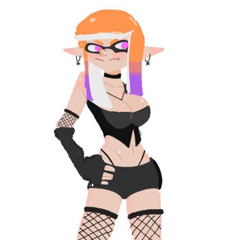 1girl closed_eyes dark high_heels highres inkling inkling_girl inkling_player_character mini_woomy nintendo original smile solo splatoon_(series) splatoon_1 splatoon_2 splatoon_3 squid tentacle_hair v-mon woomy