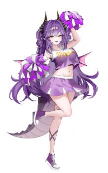 1girl absurdres breasts cheerleader collarbone crop_top dragon_girl dragon_horns dragon_tail dragon_wings full_body hashtag-only_commentary hezzu_0 highres holding holding_pom_poms horns large_breasts long_hair midriff navel open_mouth pleated_skirt pom_pom_(cheerleading) pom_poms purple_hair purple_shoes purple_skirt sakihane_huya shoes simple_background skirt solo standing standing_on_one_leg stellive tail very_long_hair virtual_youtuber white_background wings yellow_eyes