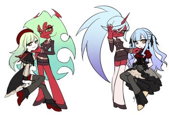 4girls :3 bang_dream! bang_dream!_it&#039;s_mygo!!!!! beret black_capelet black_corset black_jacket black_pantyhose black_ribbon black_skirt blue_hair capelet color_connection colored_skin commentary corset fang green_hair hair_color_connection hair_ribbon hat horns invisible_chair jacket kneesocks_(psg) long_hair mortis_(bang_dream!) mortis_(costume)_(bang_dream!) multiple_girls oblivionis_(bang_dream!) panty_&amp;_stocking_with_garterbelt pantyhose ponytail red_hat red_shirt red_skin ribbon scanty_(psg) shirt short_sleeves shoushud sidelocks simple_background single_horn sitting skirt symbol-only_commentary thighhighs togawa_sakiko two_side_up wakaba_mutsumi white_background white_thighhighs