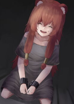 1girl :d ^_^ absurdres animal_ear_fluff animal_ears bare_shoulders blood blood_on_face brown_hair cage child closed_eyes commentary_request cuffs dress dutch_angle ebiri_fy facing_viewer grey_dress hair_between_eyes highres in_cage injury kneeling long_hair lower_teeth_only medium_dress messy_hair metal_hair_tubes off-shoulder_dress off_shoulder on_ground open_mouth raccoon_ears raccoon_girl raphtalia shackles short_sleeves slave smile solo tate_no_yuusha_no_nariagari teeth tongue