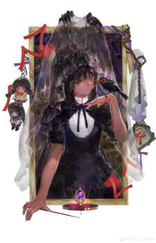 1girl absurdres akemi_homura akemi_homura_(black_dress) akemi_homura_(magical_girl) bird black_capelet black_dress black_hair black_hairband black_ribbon blood blood_on_hands blood_stain capelet character_doll chinese_commentary closed_mouth commentary_request crack crow disembodied_hand doll dress floating_hair frilled_capelet frills hairband hand_up heart highres holding holding_wand lanmi_lemmy light_smile long_hair looking_at_animal mahou_shoujo_madoka_magica mahou_shoujo_madoka_magica:_hangyaku_no_monogatari mahou_shoujo_madoka_magica_(anime) picture_frame purple_eyes ribbon rope solo soul_gem upper_body veil wand watermark weibo_watermark