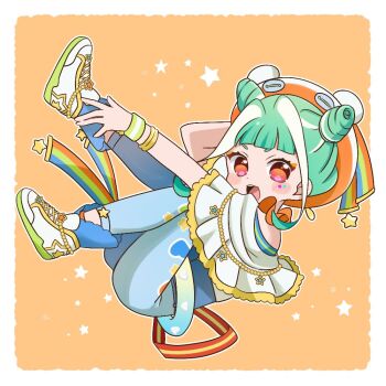 1girl :d blue_pants blunt_bangs border bracelet capelet chii_(chi_pppuri) chimumu cone_hair_bun double_bun floating full_body green_hair hair_bun hand_up hat jewelry looking_at_viewer multicolored_hair open_mouth outstretched_arm pants pretty_series shoes short_hair sidelocks smile sneakers solo star_(symbol) star_sticker sticker sticker_on_face streaked_hair waccha_primagi! white_border white_capelet white_hair white_shoes wristband