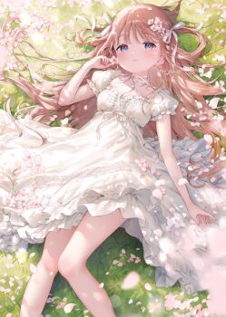 1girl artist_name blue_eyes blush breasts brown_hair cherry_blossoms cleavage commentary criss-cross_halter dress feet_out_of_frame fingernails flower frilled_dress frills hair_flower hair_ornament hair_ribbon hair_spread_out halterneck hand_up highres holding holding_flower lens_flare long_hair looking_at_viewer lying m_ydayo neck_ribbon on_back on_grass original parted_lips puffy_short_sleeves puffy_sleeves ribbon short_sleeves small_breasts solo square_neckline sunlight symbol-only_commentary white_dress white_ribbon