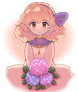 1girl bouquet brown_eyes brown_hair brown_robe fire_emblem fire_emblem_echoes:_shadows_of_valentia flower genny_(fire_emblem) hair_ribbon holding holding_bouquet hydrangea jewelry kutabireta_neko light_brown_hair looking_at_viewer medium_hair nintendo pendant purple_ribbon ribbon robe smile solo