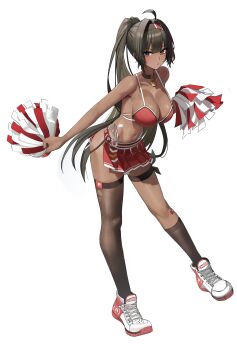 1girl absurdres alternate_costume bandaid bandaid_on_arm bandaid_on_hip bandaid_on_stomach bandaid_on_thigh bay_(nikke) black_hair black_hairband black_thighhighs cheerleader dark-skinned_female dark_skin full_body goddess_of_victory:_nikke grey_eyes hairband hallo_(rltkdydrltk) highres leaning_forward lock long_hair looking_at_viewer mole mole_on_stomach navel padlock padlocked_collar pleated_skirt red_streaks shoes simple_background single_thighhigh skirt sneakers solo standing thighhighs two-tone_tank_top white_background white_shoes