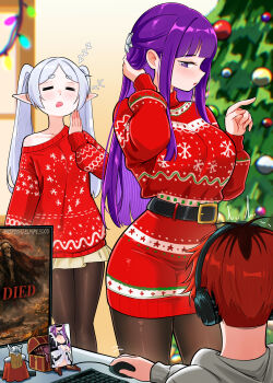 1boy 2girls absurdres alternate_costume black_pantyhose breasts butterfly_hair_ornament character_doll christmas_sweater christmas_tree commentary doll eisen_(sousou_no_frieren) elden_ring elf elpipe_3000 english_commentary fern_(sousou_no_frieren) frieren frieren_stuck_in_a_mimic_(meme) grey_hair hair_ornament headphones highres indoors large_breasts long_hair malenia_blade_of_miquella meme multicolored_hair multiple_girls pantyhose playing_games pointing pointy_ears purple_eyes purple_hair red_hair red_sweater roots_(hair) short_hair sousou_no_frieren stark_(sousou_no_frieren) sweater twintails yawning you_died