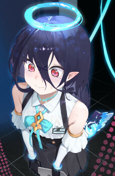 1girl @_@ bare_shoulders black_gloves black_hair black_skirt blue_bow blush bow closed_mouth collared_shirt commentary_request detached_sleeves dress_shirt gloves hair_between_eyes hair_ornament hairclip halo high-waist_skirt highres holding korean_commentary long_hair long_sleeves mole mole_under_eye original pleated_skirt pointy_ears raimti red_eyes shirt skirt sleeveless sleeveless_shirt solo suspender_skirt suspenders sweat white_shirt white_sleeves x_hair_ornament