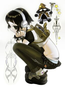 1girl 1other absurdres back_tattoo belt_charm black_hair bracelet cameo charm_(object) downpants fashion hat headphones highres holding jewelry midriff original pants parappa parappa_the_rapper shoes short_hair simple_background socks solo_focus sony spiked_bracelet spikes squatting sword tattoo tramp_stamp vinne weapon white_background wizard wizard_hat y2k_fashion