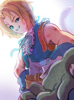 Rule 34 | 1boy, aqua eyes, aqua ribbon, aqua vest, bare shoulders, belt, blonde hair, blue wrist cuffs, brown belt, bruise, bruise on arm, bruise on face, cat tail, cropped vest, dirty, dirty face, final fantasy, final fantasy ix, gloves, grey gloves, grin, highres, injury, low ponytail, male focus, neck ribbon, outstretched hand, parted bangs, ponytail, ribbon, shirt, sleeveless, sleeveless shirt, smile, solo, sotti kotti, tail, torn clothes, torn shirt, upper body, vest, white background, white shirt, wrist cuffs, zidane tribal