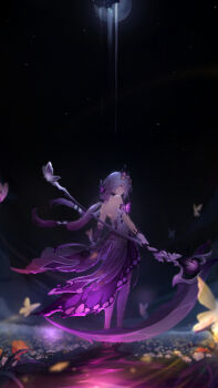 1girl absurdres asymmetrical_gloves backless_dress backless_outfit bare_back bare_shoulders black_gloves black_tiara boots bug butterfly castorice_(honkai:_star_rail) commentary_request dress elbow_gloves field flower flower_field flower_ornament from_behind full_body gloves hair_flower hair_ornament highres holding holding_scythe honkai:_star_rail honkai_(series) insect lancefate legwear_cutout long_hair looking_at_viewer looking_back low-tied_long_hair low_twintails moon night purple_boots purple_butterfly purple_dress purple_eyes purple_gloves purple_hair scythe single_elbow_glove sleeveless sleeveless_dress solo standing thigh_boots tiara twintails uneven_gloves