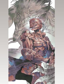 Rule 34 | 1boy, alternate form, armor, border, claws, closed mouth, covered eyes, cowboy shot, dark skin, drawing sword, elden ring, elden ring nightreign, executor (elden ring), gauntlets, grey border, helmet, helmet over eyes, highres, holding, holding sword, holding weapon, looking to the side, monster, ornate armor, signature, sword, topknot, weapon, white background, yue (memento1113)