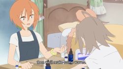 3girls animated anime_screenshot bandaid bandaid_on_face bandaid_on_nose bed closed_eyes closed_mouth do_it_yourself!! fang glasses heart multiple_girls open_mouth orange_hair pants red_eyes school_uniform seashell shell smile socks sound tagme video yasaku_rei yua_serufu