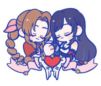 105zz 2girls aerith_gainsborough bare_shoulders black_gloves black_hair braid braided_ponytail breasts brown_hair chinese_commentary cleavage closed_eyes closed_mouth commentary_request dress earrings final_fantasy final_fantasy_vii final_fantasy_vii_remake flower gloves hair_ribbon holding_hands jacket jewelry long_hair lowres multiple_girls parted_bangs pink_dress pink_ribbon ponytail red_jacket ribbon swept_bangs tank_top tifa_lockhart upper_body white_background white_tank_top white_wings wings yellow_flower