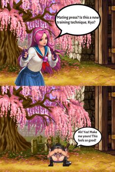 1boy 1girl animated animated_gif asamiya_athena asian asian_male ass black_jacket bottomless brown_hair brown_shoes clothes_pull comic_page hetero huge_ass idol instant_loss jacket kusanagi_kyou m.u.g.e.n mating_press missionary mugenspriteslover pants pants_pull penis pink_hair psycho_soldier purple_hair school_uniform sex shoes snk speech_bubble spread_legs sprite sprite_art sun talking testicles the_king_of_fighters the_king_of_fighters_xiii vaginal