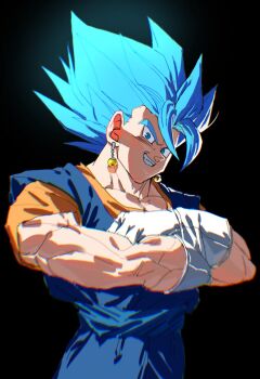 1boy black_background blue_eyes blue_hair blue_pants blue_sash blue_shirt cowboy_shot crossed_arms dragon_ball dragon_ball_super earrings gloves highres jewelry looking_at_viewer male_focus medium_hair muscular muscular_male orange_shirt pants parted_lips potara_earrings sash shirt simple_background smile smirk solo spiked_hair super_saiyan super_saiyan_blue tkht_9315 vegetto white_gloves