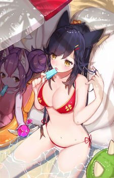 1boy 2girls ahri_(league_of_legends) animal_ears beach bikini black_hair blush breasts cleavage double_bun food fox_ears fox_girl fox_tail hair_bun hair_ornament twirling_hair hairclip half-closed_eyes hat highres league_of_legends long_hair lulu_(league_of_legends) medium_breasts meowlian multiple_girls one-piece_swimsuit partially_submerged ponytail popsicle purple_hair red_bikini side-tie_bikini_bottom single_hair_bun sitting sweatdrop swimsuit tail teemo ward_(league_of_legends) water wet yellow_eyes yordle