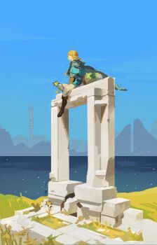 1boy absurdres aqua_tunic arch black_cloak blonde_hair boots brown_boots ckkustar cloak creature flower full_body grey_pants highres holding holding_flower hood hood_down hooded_cloak korok link low_ponytail male_focus medium_hair nintendo pants pointy_ears ponytail ruins sidelocks sitting sundelion the_legend_of_zelda the_legend_of_zelda:_breath_of_the_wild tunic