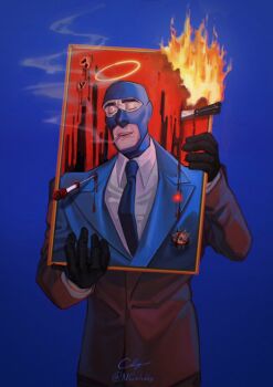 1boy balaclava black_gloves blu_spy_(tf2) blue_background blue_jacket blue_necktie bullet_hole cabbage_(ncalabby) cigarette closed_eyes collared_shirt commentary english_commentary folding_knife formal_clothes gloves halo holding_painting ice_pick jacket knife long_sleeves male_focus necktie painting_(object) red_jacket red_spy_(tf2) shirt signature simple_background smoke smoking solo spy_(tf2) stab switchblade team_fortress_2 upper_body white_shirt
