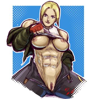 1girl blonde_hair blue_eyes blue_mary breasts fatal_fury female_focus highres huge_breasts jacket kof:_maximum_impact large_breasts mrgolgatha pale_skin pants pussy shirt tank_top the_king_of_fighters undressing