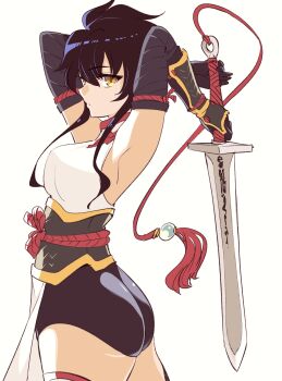 1girl absurdres ass black_hair breasts elbow_gloves gauntlets gloves highres holding holding_sword holding_weapon kato_takuji leotard long_hair ma_no_mono-tachi simple_background sleeveless sword upper_body weapon white_background yellow_eyes
