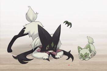 bad_id bad_pixiv_id claws closed_mouth commentary highres indoors laser laser_pointer laser_pointer_projection legs_apart looking_down meowscarada nintendo pokemon pokemon_(creature) rcs_4 sprigatito symbol-only_commentary top-down_bottom-up wavy_mouth wooden_floor