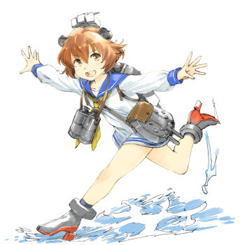 1girl binoculars brown_hair commentary_request dress full_body headgear hirokazu kantai_collection looking_at_viewer open_mouth outstretched_arms running sailor_dress short_hair smile solo spread_arms yukikaze_(kancolle)