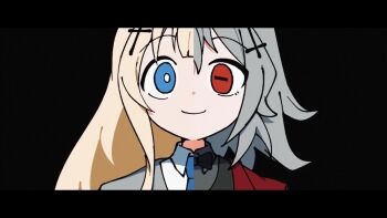 2girls akuma_(tententengokujigokugoku) black_background black_vest blonde_hair bright_pupils closed_mouth collared_shirt cross cross_hair_ornament dress_shirt grey_hair grey_jacket grey_shirt hair_ornament highres horizontal_pupils inverted_cross jacket letterboxed long_hair medium_hair multiple_girls odayaka portrait red_jacket second-party_source shirt smile split_screen split_theme straight-on tenshi_(tententengokujigokugoku) tententengokujigokugoku_(aiobahn) vest waistcoat white_pupils white_shirt