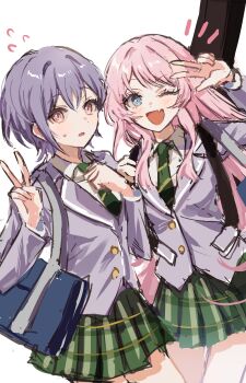 Rule 34 | 2girls, absurdres, bag, bang dream!, bang dream! it's mygo!!!!!, blue bag, blush, chihaya anon, diagonal-striped clothes, diagonal-striped necktie, fang, green necktie, green skirt, grey eyes, grey hair, grey jacket, highres, instrument case, instrument case on back, jacket, kanon 25ji, long sleeves, multiple girls, necktie, one eye closed, open mouth, pink eyes, pink hair, pleated skirt, short hair, shoulder bag, skirt, striped clothes, takamatsu tomori, v, w