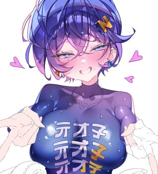 1girl belle_(zenless_zone_zero) blue_eyes blue_hair blush breasts clothes_writing commentary crossed_bangs double_v earclip earrings grin hair_between_eyes hair_ornament half-closed_eyes heart highres jewelry large_breasts letter_hair_ornament marck_(marck1703) parted_lips print_shirt shirt short_hair simple_background smile solo sweat unfinished v white_background zenless_zone_zero