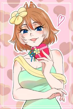 Rule 34 | 1girl, animification, blue dress, brown hair, chipmunk ears, chipmunk girl, clarice (disney), disney, dress, flower, green eyes, hair flower, hair ornament, highres, humanization, looking at viewer, mickey mouse &amp; friends, open mouth, personification, shirouta (sk5789), short hair, upper body