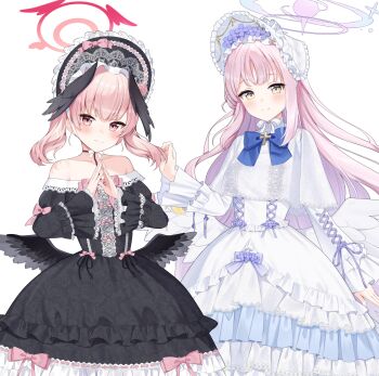 2girls absurdres bare_shoulders black_bonnet black_dress black_wings blue_archive blue_bow blush bonnet bow closed_mouth collarbone commentary_request dress feathered_wings flower hair_flower hair_ornament halo head_wings highres koharu_(blue_archive) long_hair long_sleeves mika_(blue_archive) mochiko_(uyu_omochi) multiple_girls pink_bow pink_hair pink_halo purple_flower red_halo simple_background smile very_long_hair white_background white_bonnet white_dress wide_sleeves wings yellow_eyes