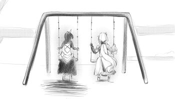 2girls cape elysia_(honkai_impact) elysia_(miss_pink_elf)_(honkai_impact) from_behind greyscale hair_ribbon highres honkai_(series) honkai_impact_3rd long_hair mi_(27782900) monochrome multiple_girls ponytail raiden_mei raiden_mei_(danzai_spectramancer) ribbon sitting swing_set