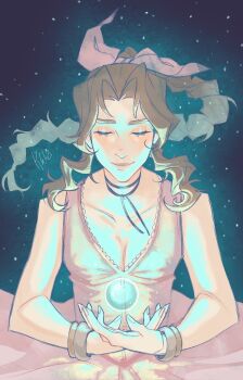 1girl aerith_gainsborough bangle bare_shoulders black_choker bracelet braid braided_ponytail breasts brown_hair choker cleavage clily027 closed_eyes dress final_fantasy hair_ribbon highres jewelry light_smile long_hair materia medium_breasts parted_lips pink_dress pink_ribbon ribbon sidelocks single_braid sleeveless sleeveless_dress solo sundress upper_body