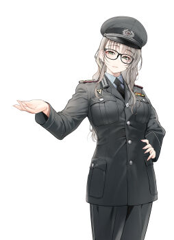 1girl black-framed_eyewear black_hat black_jacket black_necktie black_pants blonde_hair breast_pocket breasts buttons collared_shirt commentary_request earrings glasses green_eyes hand_on_own_hip hat highres jacket jewelry large_breasts long_sleeves military_dress_uniform military_uniform nationale_volksarmee necktie original pants peaked_cap pocket ribbon_bar samazuka_mashiro shirt shoulder_boards simple_background solo standing white_background white_shirt