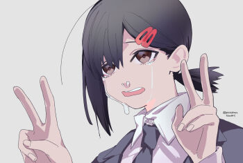 absurdres artist_name brown_eyes chainsaw_man crying double_v formal_clothes grey_background hair_ornament hairpin higashiyama_kobeni highres necktie non-web_source ponytail shirt short_hair short_ponytail suit tagme v valentine_(02140314c) white_shirt