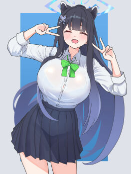 1girl animal_ear_fluff animal_ears ayuka_(ayk8tk) black_hair blue_archive blue_halo bow bowtie bra_visible_through_clothes button_gap commentary_request double_v extra_ears halo highres pleated_skirt school_uniform shirt shirt_tucked_in shun_(blue_archive) skirt smile tiger_ears tiger_girl v white_shirt yellow_bow yellow_bowtie