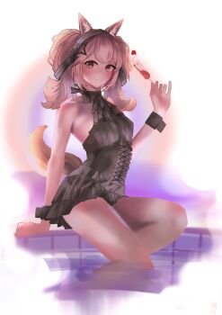 1girl absurdres aerospace-director alcohol alternate_costume angelina_(arknights) animal_ear_fluff animal_ears arknights ascot bare_shoulders black_ascot black_corset black_hairband black_shirt black_skirt black_wrist_cuffs breasts champagne_flute chinese_commentary cocktail_dress commentary_request corset cup dot_nose dress drinking_glass fox_ears fox_girl fox_tail hair_ornament hairband highres holding holding_cup looking_at_viewer medium_hair miniskirt partially_submerged pool red_eyes shirt sitting skirt sleeveless small_breasts smile solo star_(symbol) star_hair_ornament tail thighs twintails wine wrist_cuffs