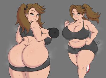 1girl ass belly blush breasts brown_eyes brown_hair butt_crack citrus_doodles cleavage clothes_pull collarbone exercising freckles grey_background gundam gundam_build_fighters gundam_build_fighters_try highres huge_ass huge_breasts long_hair looking_at_viewer plump running sazaki_kaoruko shoes shorts shorts_pull sneakers solo sports_bra sweat thick_thighs thighs twintails weightlifting wide_hips