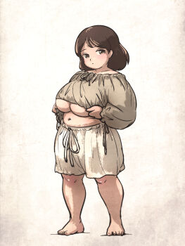 1girl alternate_body_build barefoot bloomers blouse breasts brown_eyes brown_hair highres ironlily lady_tart_(ironlily) large_breasts medium_hair navel ordo_mediare_sisters_(ironlily) plump shirt solo underboob underwear underwear_only