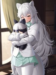 Rule 34 | 1girl, animal ears, arctic fox (kemono friends), blush, bow, bowtie, capelet, character doll, extra ears, fox ears, fox girl, fox tail, fur trim, gloves, hair between eyes, highres, holding, holding stuffed toy, hugging doll, hugging object, kemono friends, kemono friends 3, long hair, long sleeves, looking at viewer, one eye closed, pantyhose, silver fox (kemono friends), skirt, smile, solo, stuffed toy, tail, tehutehu game, white gloves, white hair, yellow eyes
