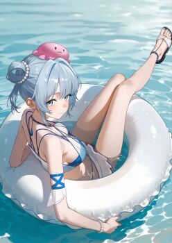 Rule 34 | 1girl, absurdres, arm strap, bare legs, bare shoulders, blue eyes, blue hair, blush, bracelet, breasts, bun cover, eco 376124, hair bun, hair ornament, haiyi, highres, innertube, jewelry, large breasts, long legs, looking at viewer, looking back, medium5, on innertube, partially submerged, pearl bracelet, sandals, smile, solo, swim ring, swimsuit, toes, wet