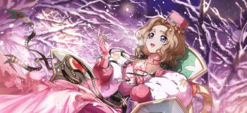 1girl brown_hair chair christmas code_geass code_geass:_lost_stories dress f4samurai game_cg happy highres long_hair nunnally_vi_britannia official_art open_mouth pink_dress purple_eyes smile solo