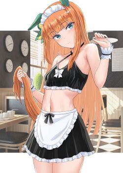 1girl alumina_(kennmeidesu) animal_ears apron armpit_crease black_bra black_skirt blue_eyes blunt_bangs bow bra closed_mouth commentary_request cowboy_shot criss-cross_halter ear_covers frilled_apron frilled_bra frills halterneck hands_up head_tilt highres holding holding_own_tail horse_ears horse_girl horse_tail letterboxed light_blush maid maid_headdress midriff navel orange_hair silence_suzuka_(umamusume) skirt solo standing tail umamusume unconventional_maid underwear white_apron white_bow white_headdress white_wrist_cuffs wrist_cuffs