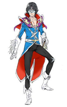 1boy adam's_apple belt black_hair black_pants blue_coat blue_shirt boots cape capelet chest_harness chest_strap coat collar collarbone eye_mask fukuda_tomonori gloves goggles gold_trim hair_ornament hand_on_weapon harness hidaka_subaru hidaka_subaru_(mr._pleiades) male_focus mask muscular muscular_male official_art open_clothes open_collar open_shirt pants pectorals rapier red_cape robotics;notes science_adventure shirt simple_background solo sword weapon white_background white_boots white_gloves zipper zipper_footwear zipper_pull_tab