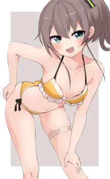 Rule 34 | 1girl, absurdres, bent over, bikini, breasts, brown hair, collarbone, commentary request, feet out of frame, frilled bikini, frills, green eyes, grey background, hand on own knee, highres, hololive, leaning forward, long hair, looking at viewer, natsuiro matsuri, open mouth, orange bikini, shirayuki (snow link), side-tie bikini bottom, side ponytail, small breasts, smile, solo, swimsuit, thigh strap, virtual youtuber