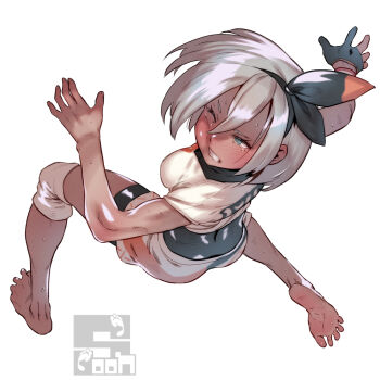 1girl barefoot bea_(pokemon) black_bodysuit black_hairband blue_eyes bodysuit bodysuit_under_clothes bow_hairband breasts clenched_teeth commentary_request commission feet full_body gloves grey_hair hair_between_eyes hairband half-closed_eye knee_pads legs_apart nintendo one_eye_closed partially_fingerless_gloves pixiv_commission pokemon pokemon_swsh shirt short_hair short_sleeves shorts single_glove soles solo soon_(c-u-soon) teeth toes white_shirt