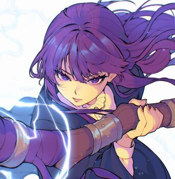 absurdres black_coat closed_mouth coat commentary dress english_commentary fern_(sousou_no_frieren) fingernails floating_hair highres holding holding_staff lips long_hair looking_at_viewer open_clothes open_coat pink_lips pink_nails purple_eyes purple_hair serious simple_background sousou_no_frieren staff white_background white_dress yiiande