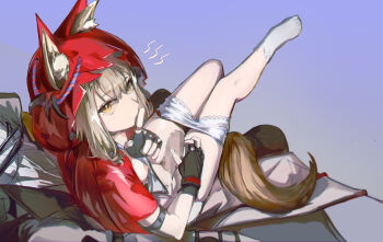 1boy 1girl animal_ears arknights arknights:_endfield breasts censored ears_through_hood feet feet_out_of_frame finger_to_mouth fingerless_gloves gloves hair_through_hood hood hoodie legs loli looking_at_viewer naked_hoodie panties_around_leg penis_grab pov rossi_(arknights) shushing simple_background small_breasts socks solo_focus tail thigh_sex wolf_ears wolf_girl yellow_eyes 水桥