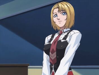 00s 1girl 2002 animated animated_gif bible_black bible_black_gaiden black_board blonde_hair blue_eyes bow bowing bowtie breasts classroom kitami_reika large_breasts necktie red_skirt school school_uniform shirt shirts short_hair skirt smile tagme white_shirt